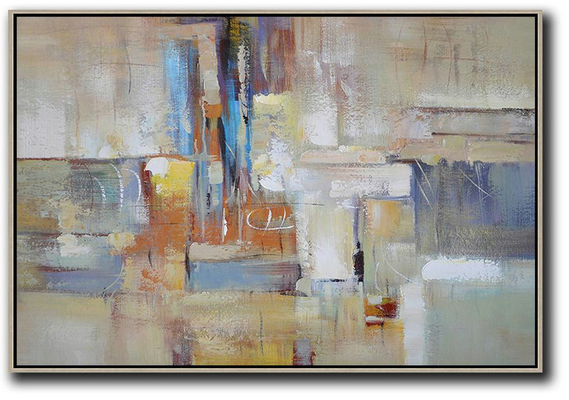 Oversized Horizontal Contemporary Art,Modern Art Abstract Painting,Grey,White,Earthy Yellow